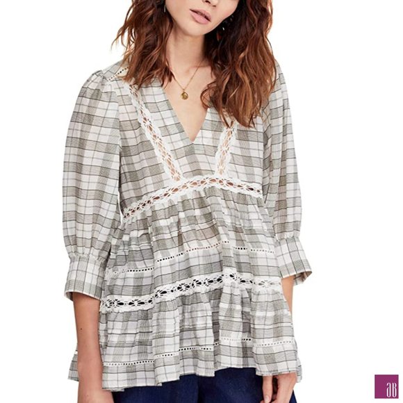 Free People Womens Time Out Plaid Lace Trim Tunic - Picture 2 of 6